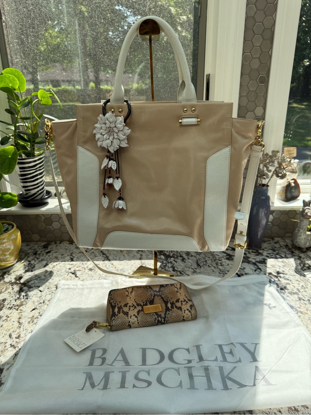 Badgley Mischka Beige & White Leather Tote with Floral Charm Accent and wallet.